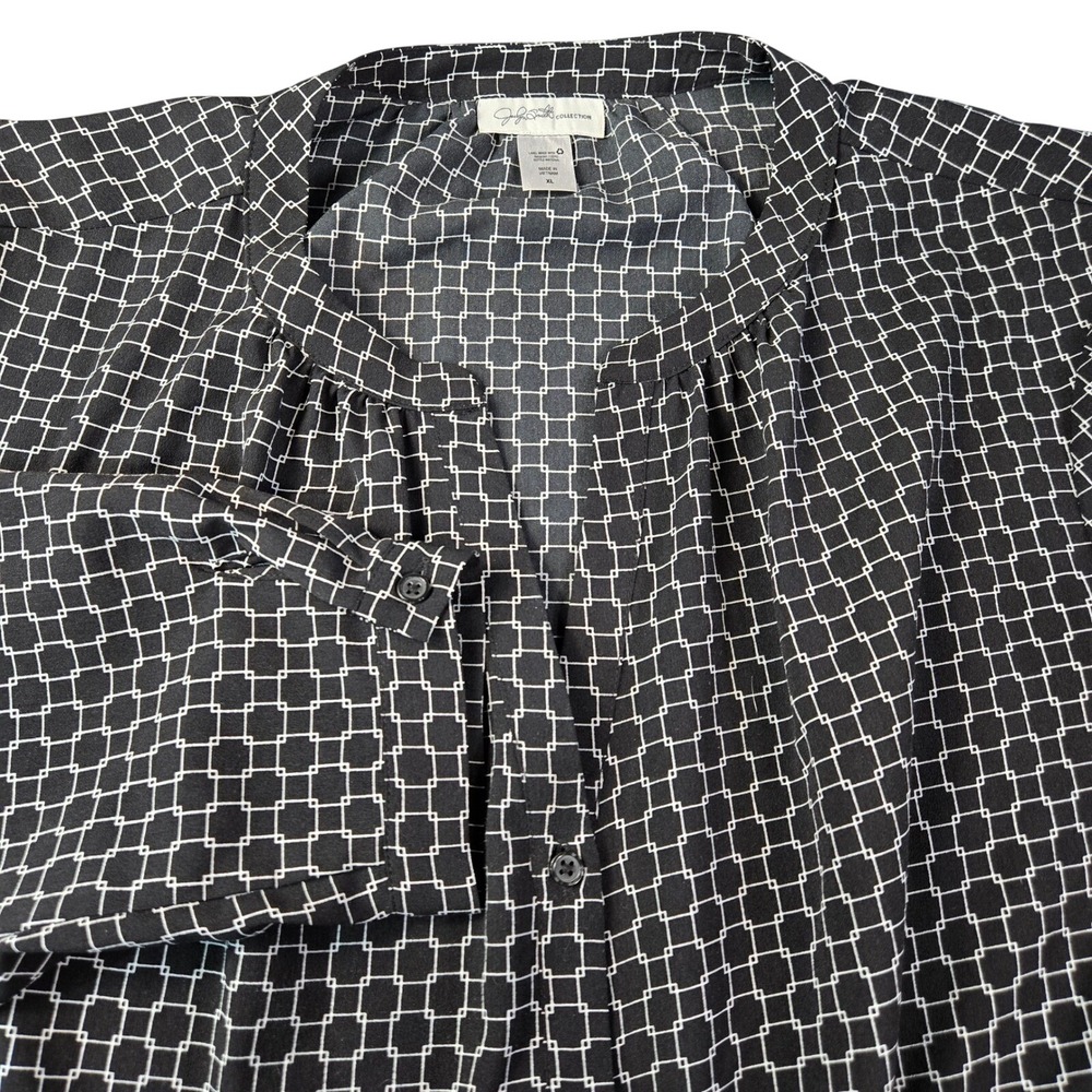 Jaclyn Smith Collection Women's XL Black White Geometric Grid Button Down Blouse